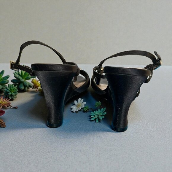 Black Satin Wedge Sandals with Rhinestones - Picture 6 of 7